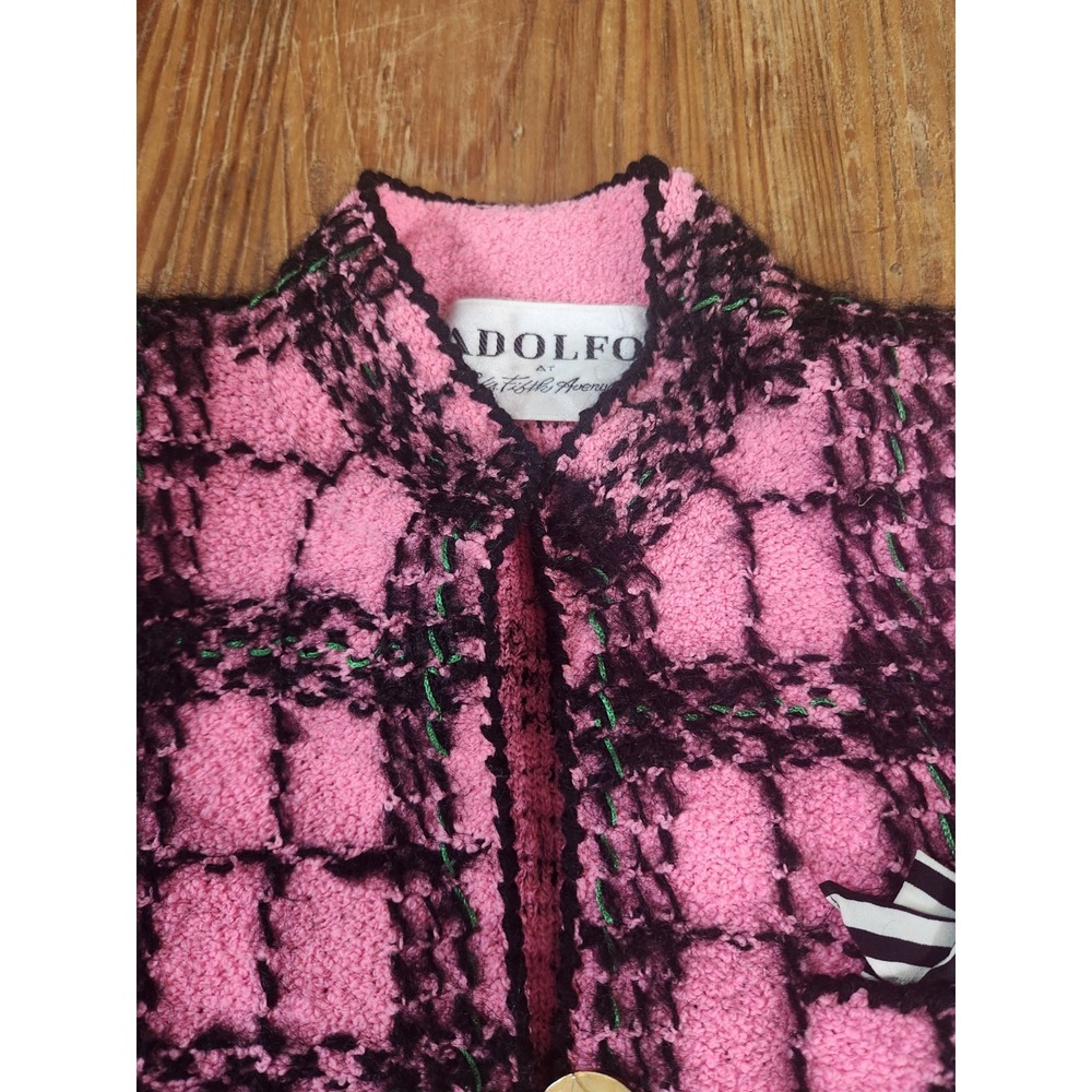Adolpho Pink and Black Wool Plaid Jacket Gold Buttons Vtg Sweater Med Union Made - Picture 9 of 16